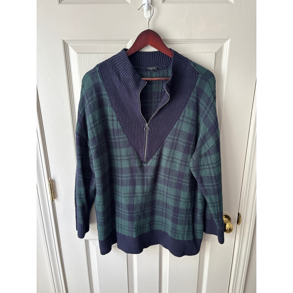 Talbots Plaid Quarter Zip Sweater Womens 2X Green Navy Blue Mock Neck Pullover